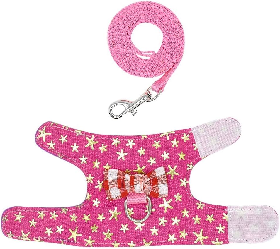 CheeseandU Small Pet Outdoor Walking Harness Vest and Leash Set with Cute Bowknot Decor Chest Strap Harness for Rat Ferret, Squirrel Hamster Clothes Accessory, Pink Star