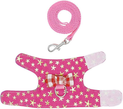 CheeseandU Small Pet Outdoor Walking Harness Vest and Leash Set with Cute Bowknot Decor Chest Strap Harness for Rat Ferret, Squirrel Hamster Clothes Accessory, Pink Star