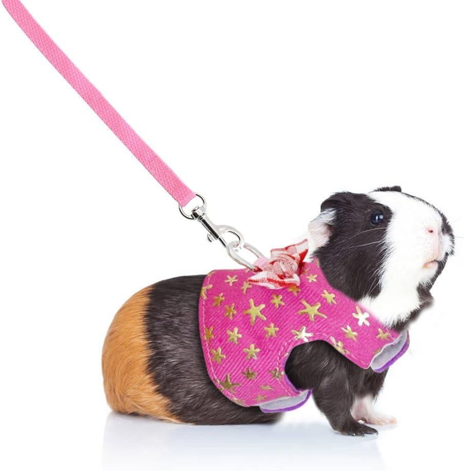 CheeseandU Small Pet Outdoor Walking Harness Vest and Leash Set with Cute Bowknot Decor Chest Strap Harness for Rat Ferret, Squirrel Hamster Clothes Accessory, Pink Star