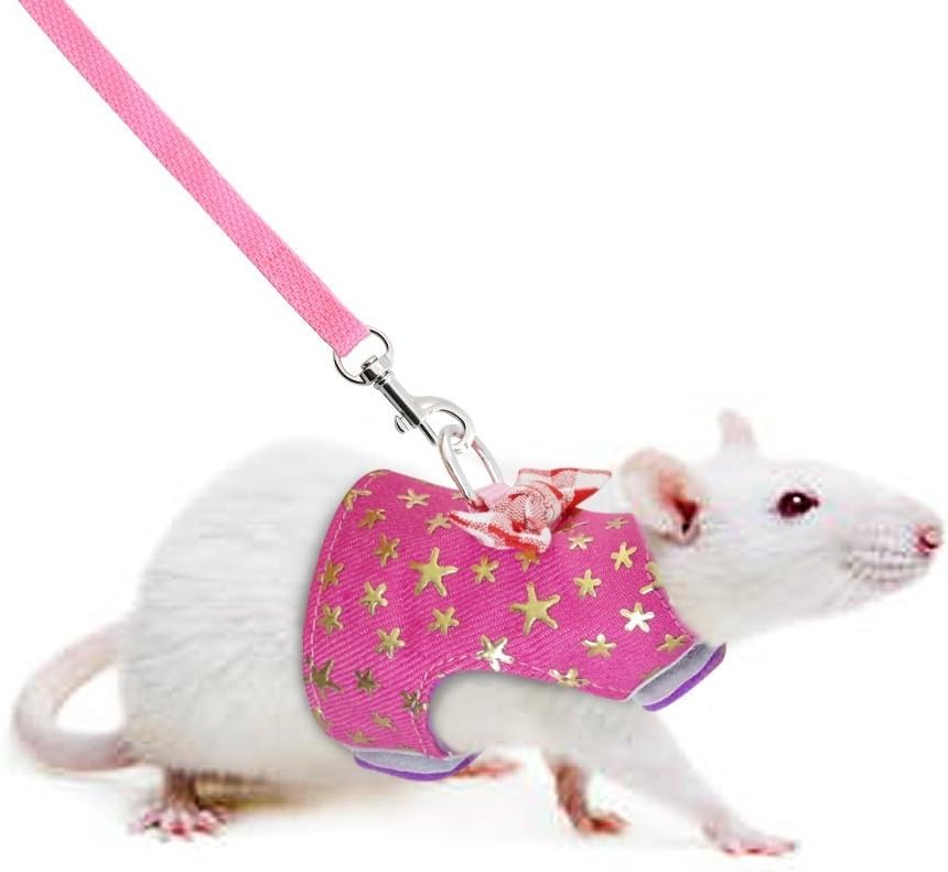 CheeseandU Small Pet Outdoor Walking Harness Vest and Leash Set with Cute Bowknot Decor Chest Strap Harness for Rat Ferret, Squirrel Hamster Clothes Accessory, Pink Star