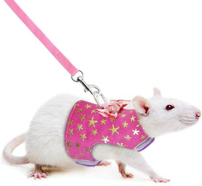 CheeseandU Small Pet Outdoor Walking Harness Vest and Leash Set with Cute Bowknot Decor Chest Strap Harness for Rat Ferret, Squirrel Hamster Clothes Accessory, Pink Star