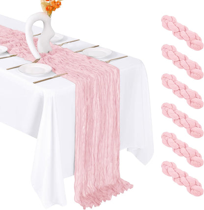 6 Pack Light Pink Cheesecloth Table Runner 20 x 120 Inch Gauze Table Runner Fabric Semi Sheer Cheese Cloth Table Decor Bulk for Rustic Romantic Wedding Baby Shower Party Table Decoration