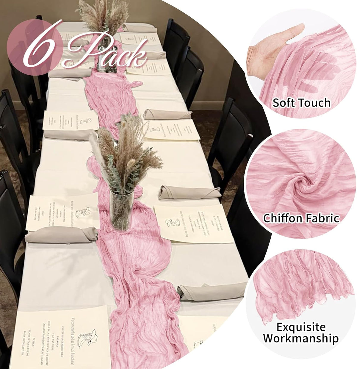 6 Pack Light Pink Cheesecloth Table Runner 20 x 120 Inch Gauze Table Runner Fabric Semi Sheer Cheese Cloth Table Decor Bulk for Rustic Romantic Wedding Baby Shower Party Table Decoration