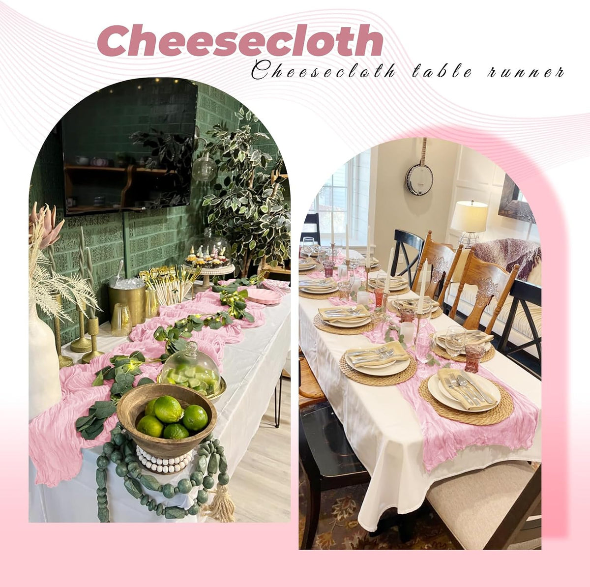 6 Pack Light Pink Cheesecloth Table Runner 20 x 120 Inch Gauze Table Runner Fabric Semi Sheer Cheese Cloth Table Decor Bulk for Rustic Romantic Wedding Baby Shower Party Table Decoration