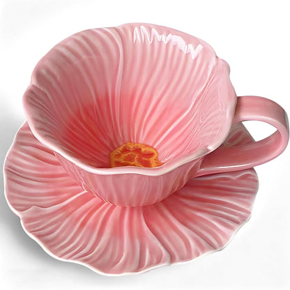 10 oz Tea Cups and Saucers, Ceramic Flower-shaped Cappuccino Cup, Latte Cup and Saucer set, elegant floral Espresso Cup set, Suitable for microwave and dishwasher-Pink