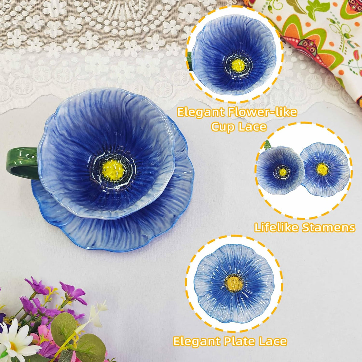 10 oz Tea Cups and Saucers, Ceramic Flower-shaped Cappuccino Cup, Latte Cup and Saucer set, elegant floral Espresso Cup set, Suitable for microwave and dishwasher-Pink