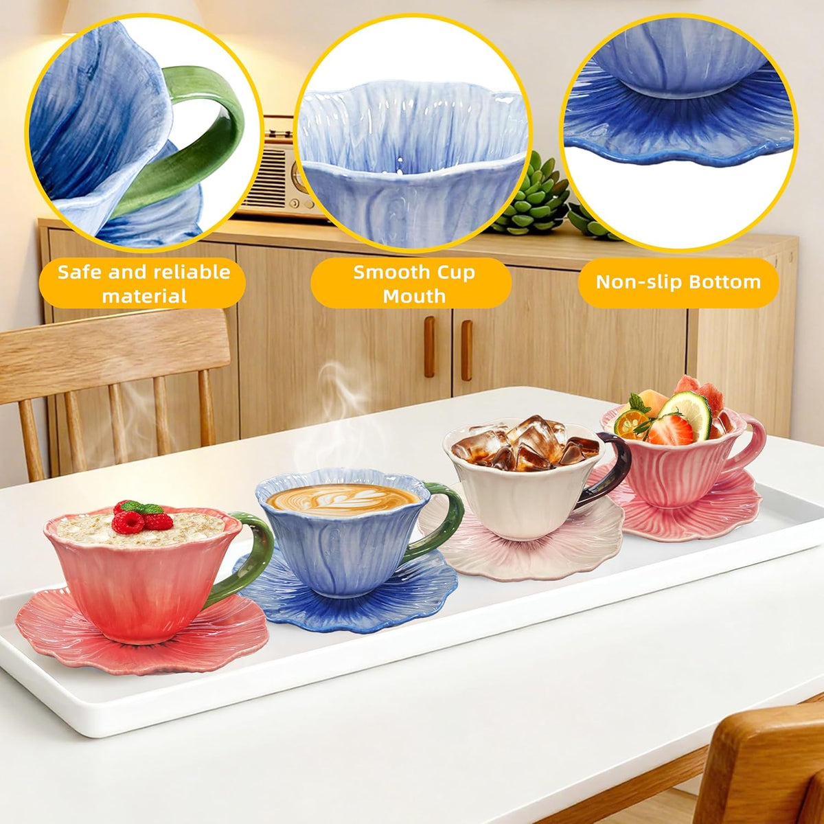 10 oz Tea Cups and Saucers, Ceramic Flower-shaped Cappuccino Cup, Latte Cup and Saucer set, elegant floral Espresso Cup set, Suitable for microwave and dishwasher-Pink