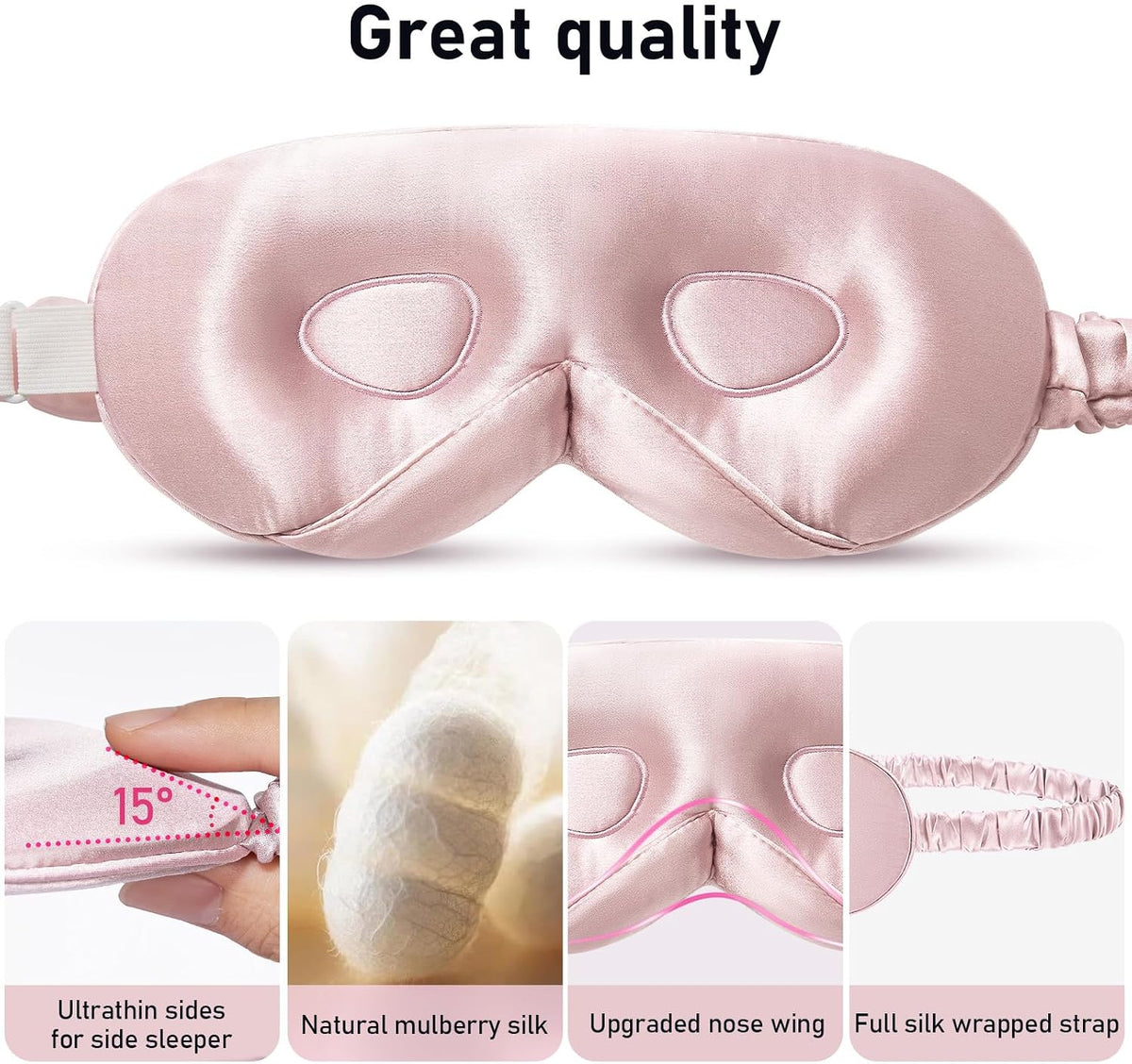 100% 22 Momme Mulberry Silk Sleep Mask - 3D Contoured Eye Mask for Men Women, Soft Breathable Eye Cover with Adjustable Strap, Perfect Blocks Light for Sleeping (Pale Pink)