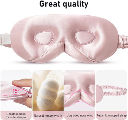 100% 22 Momme Mulberry Silk Sleep Mask - 3D Contoured Eye Mask for Men Women, Soft Breathable Eye Cover with Adjustable Strap, Perfect Blocks Light for Sleeping (Pale Pink)