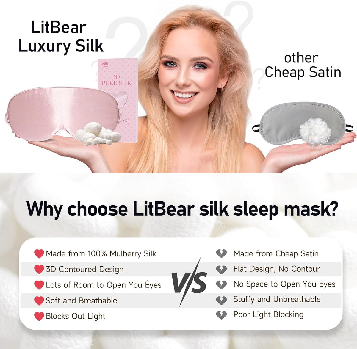 100% 22 Momme Mulberry Silk Sleep Mask - 3D Contoured Eye Mask for Men Women, Soft Breathable Eye Cover with Adjustable Strap, Perfect Blocks Light for Sleeping (Pale Pink)