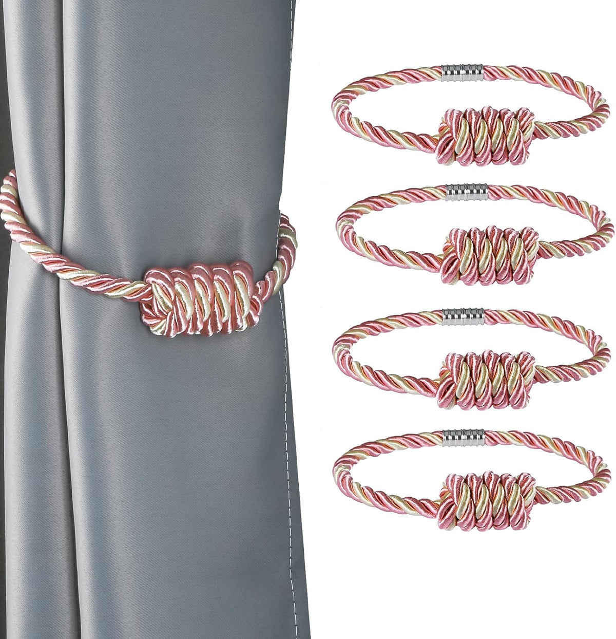 Magnetic Curtain Tiebacks-Handmade Woven Tie-Backs,Mix Pink,4P