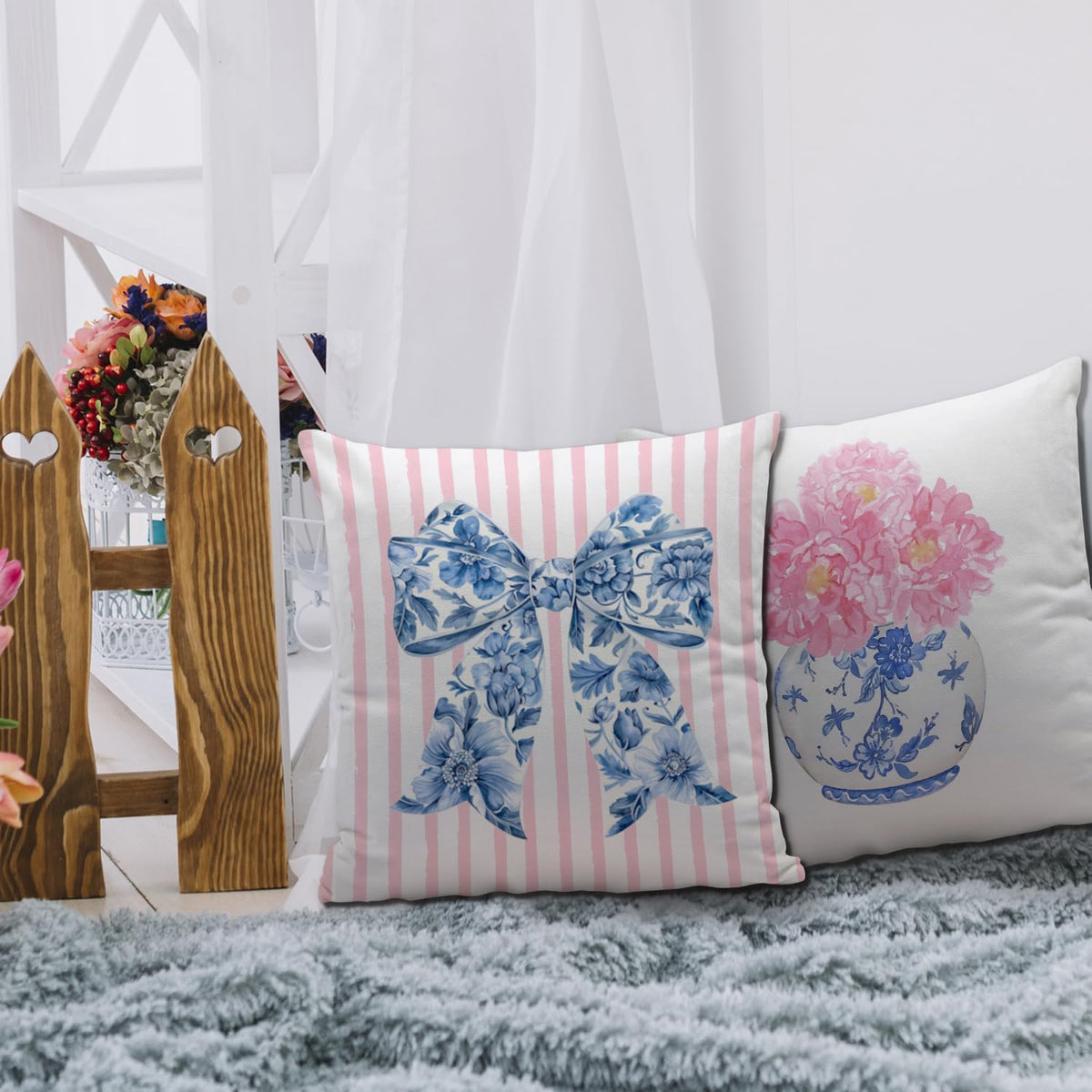 Coquette Chinoiserie Bow Pillow Covers 18x18 - Blue and White Floral Throw Pillow Cases, Pink Bow Room Decor, Girly Room Decor Aestheticm, Grand Millenial Pillow Covers Set of 2