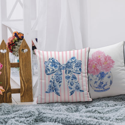 Coquette Chinoiserie Bow Pillow Covers 18x18 - Blue and White Floral Throw Pillow Cases, Pink Bow Room Decor, Girly Room Decor Aestheticm, Grand Millenial Pillow Covers Set of 2