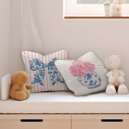 Coquette Chinoiserie Bow Pillow Covers 18x18 - Blue and White Floral Throw Pillow Cases, Pink Bow Room Decor, Girly Room Decor Aestheticm, Grand Millenial Pillow Covers Set of 2