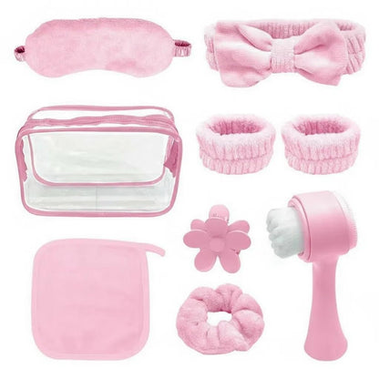9Pcs Spa Headband Wristband Set, with Hair Clips,Hair Tie,Sleep Eye Mask,Facial Cleansing Brush,Clear Toiletry Bag for Washing Face Skin Care Puffy Makeup