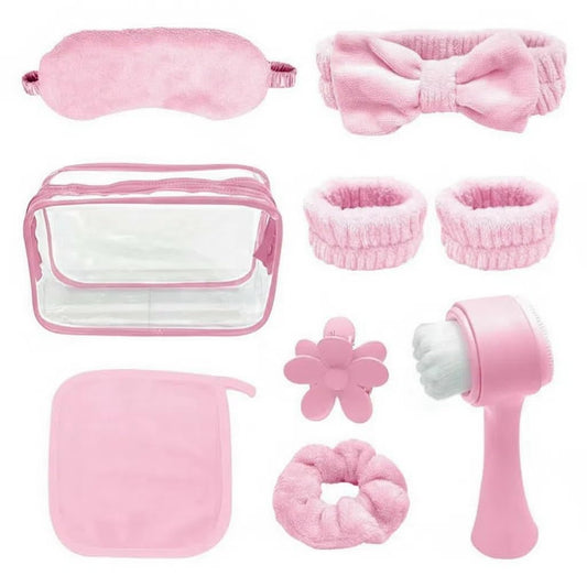 9Pcs Spa Headband Wristband Set, with Hair Clips,Hair Tie,Sleep Eye Mask,Facial Cleansing Brush,Clear Toiletry Bag for Washing Face Skin Care Puffy Makeup