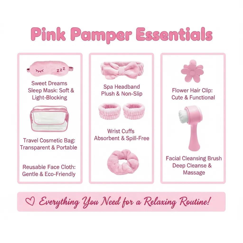 9Pcs Spa Headband Wristband Set, with Hair Clips,Hair Tie,Sleep Eye Mask,Facial Cleansing Brush,Clear Toiletry Bag for Washing Face Skin Care Puffy Makeup