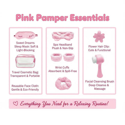 9Pcs Spa Headband Wristband Set, with Hair Clips,Hair Tie,Sleep Eye Mask,Facial Cleansing Brush,Clear Toiletry Bag for Washing Face Skin Care Puffy Makeup