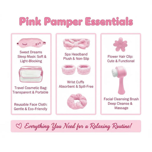 9Pcs Spa Headband Wristband Set, with Hair Clips,Hair Tie,Sleep Eye Mask,Facial Cleansing Brush,Clear Toiletry Bag for Washing Face Skin Care Puffy Makeup