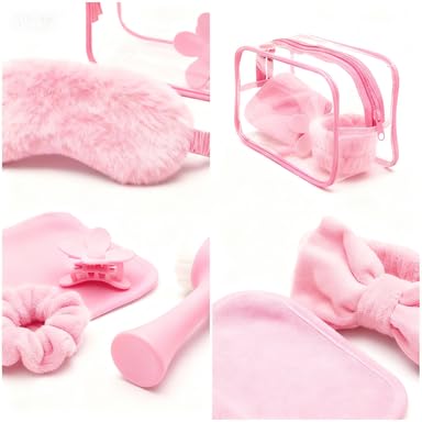 9Pcs Spa Headband Wristband Set, with Hair Clips,Hair Tie,Sleep Eye Mask,Facial Cleansing Brush,Clear Toiletry Bag for Washing Face Skin Care Puffy Makeup