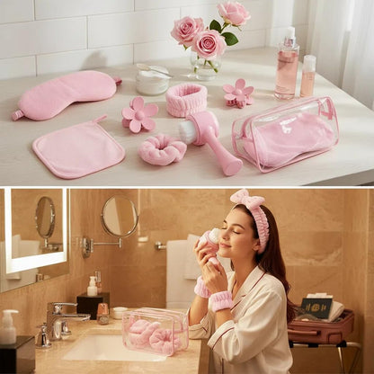 9Pcs Spa Headband Wristband Set, with Hair Clips,Hair Tie,Sleep Eye Mask,Facial Cleansing Brush,Clear Toiletry Bag for Washing Face Skin Care Puffy Makeup