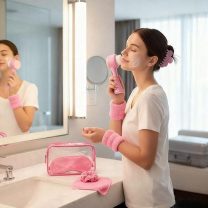 9Pcs Spa Headband Wristband Set, with Hair Clips,Hair Tie,Sleep Eye Mask,Facial Cleansing Brush,Clear Toiletry Bag for Washing Face Skin Care Puffy Makeup