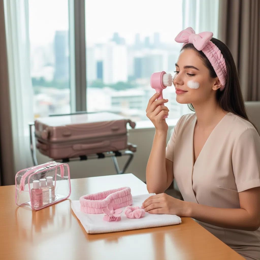 9Pcs Spa Headband Wristband Set, with Hair Clips,Hair Tie,Sleep Eye Mask,Facial Cleansing Brush,Clear Toiletry Bag for Washing Face Skin Care Puffy Makeup
