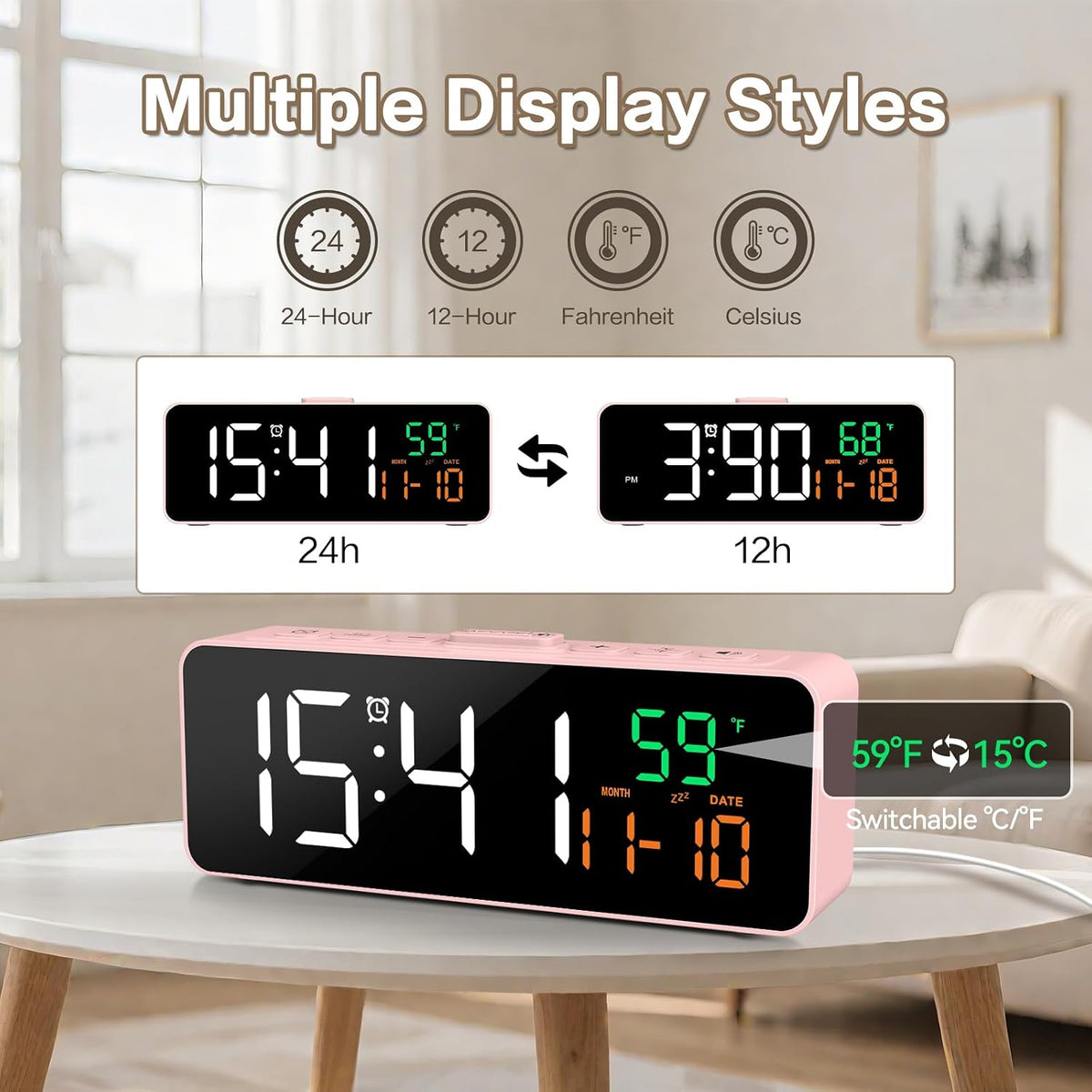3-in-1 Digital Clocks for Living Room, Small & Compact Alarm Clock