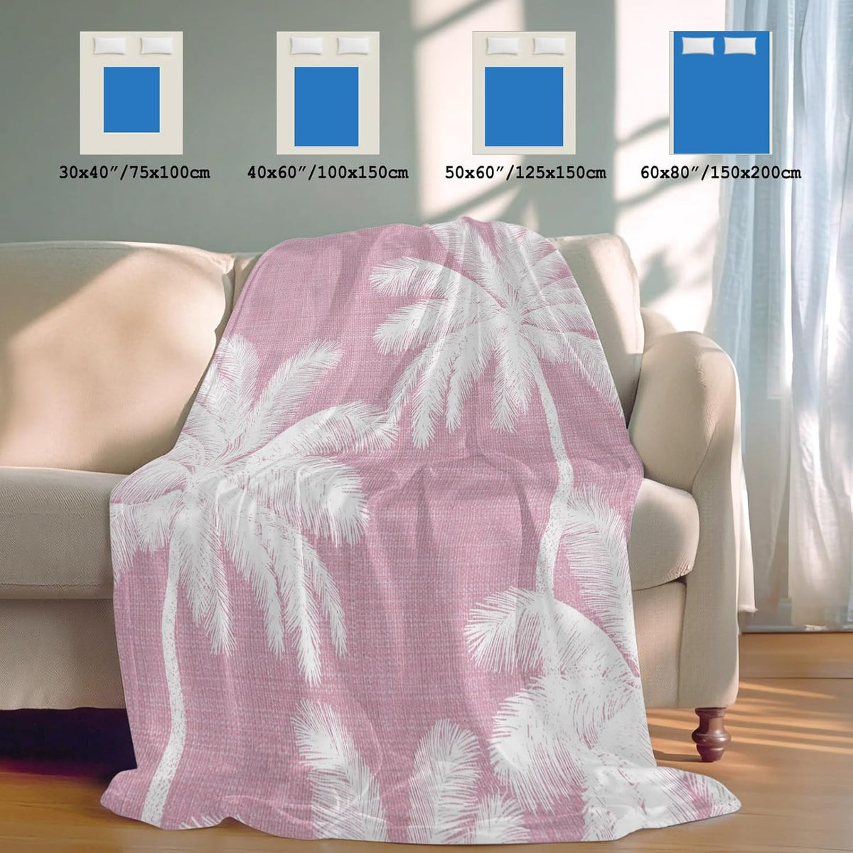 Cooling Throw Blanket 40"x60" for Teens, Peach Pink Palm Tree Lightweight Breathable Bed Blanket for Hot Sleepers, Summer Botancial Tropical Farmhouse Soft Summer Cool Blankets for Travel, Sofa, Couch