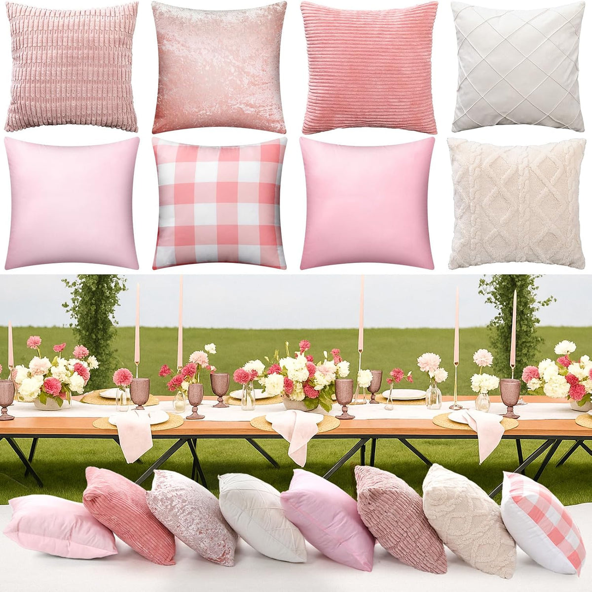 8 Pcs Pink White Faux Fur Throw Pillow Covers 18x18 Pastel Picnic