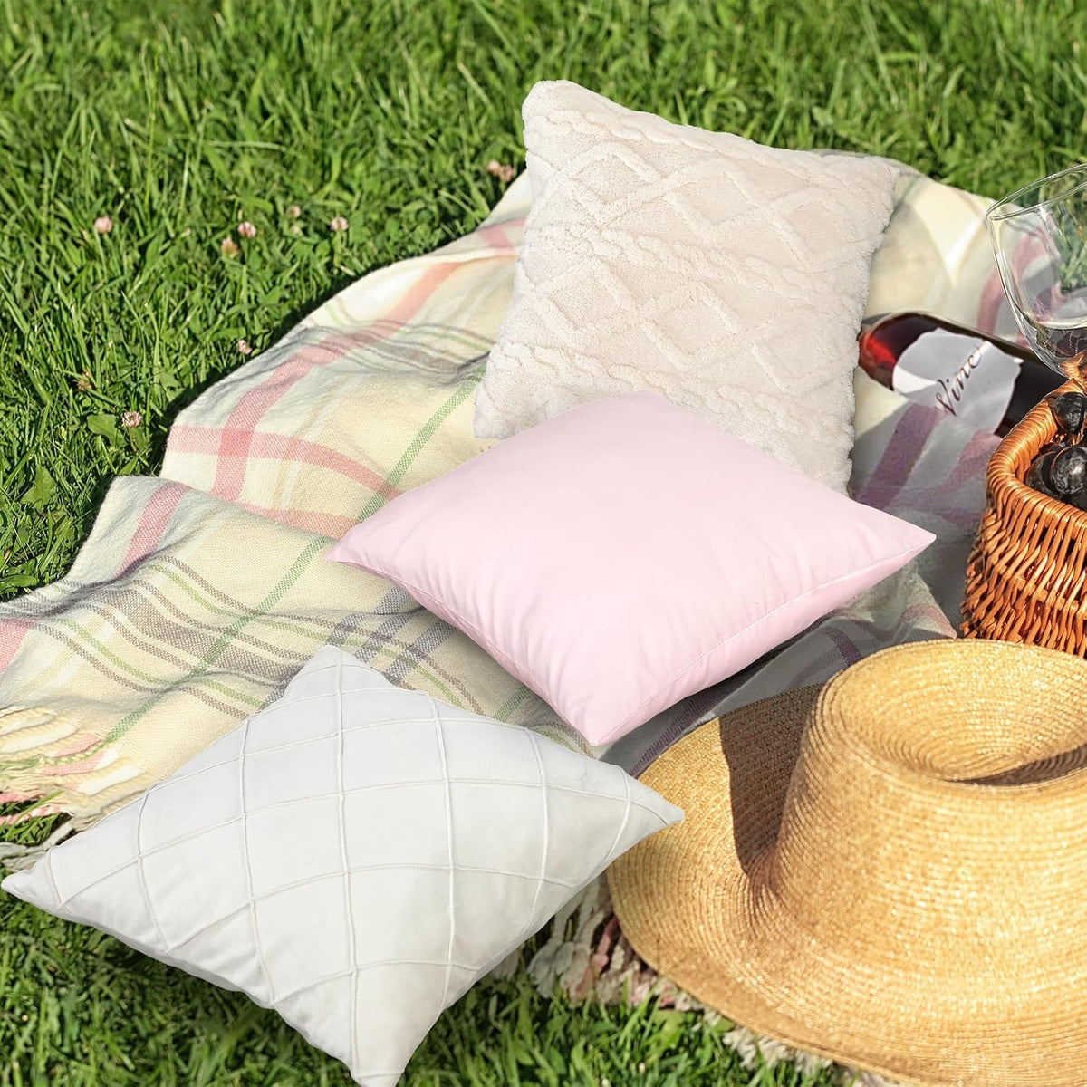 8 Pcs Pink White Faux Fur Throw Pillow Covers 18x18 Pastel Picnic