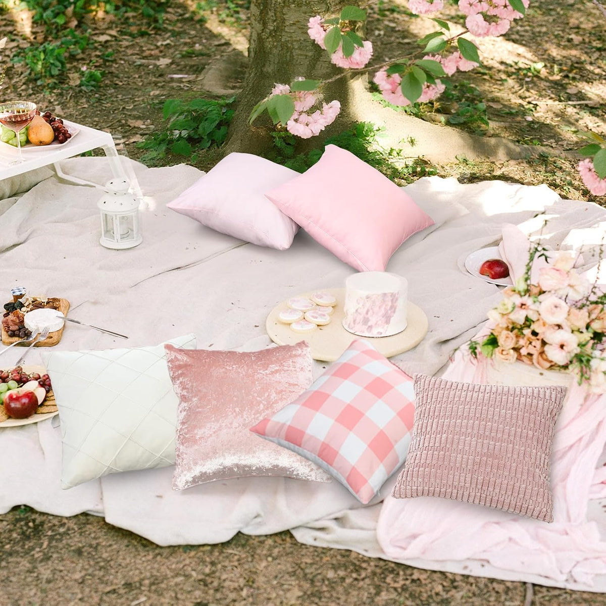 8 Pcs Pink White Faux Fur Throw Pillow Covers 18x18 Pastel Picnic