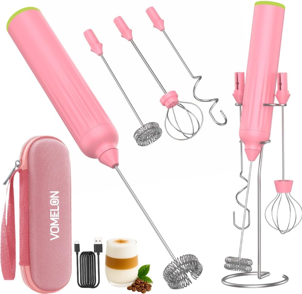Milk Frother Handheld with 3 Stainless Steel Whisks, Rechargeable Electric Drink Mixer with Stand & Travel Case, Milk Foamer for Coffee, Latte, Cappuccino, Hot Chocolate, Egg,Jam Supplement-Pink