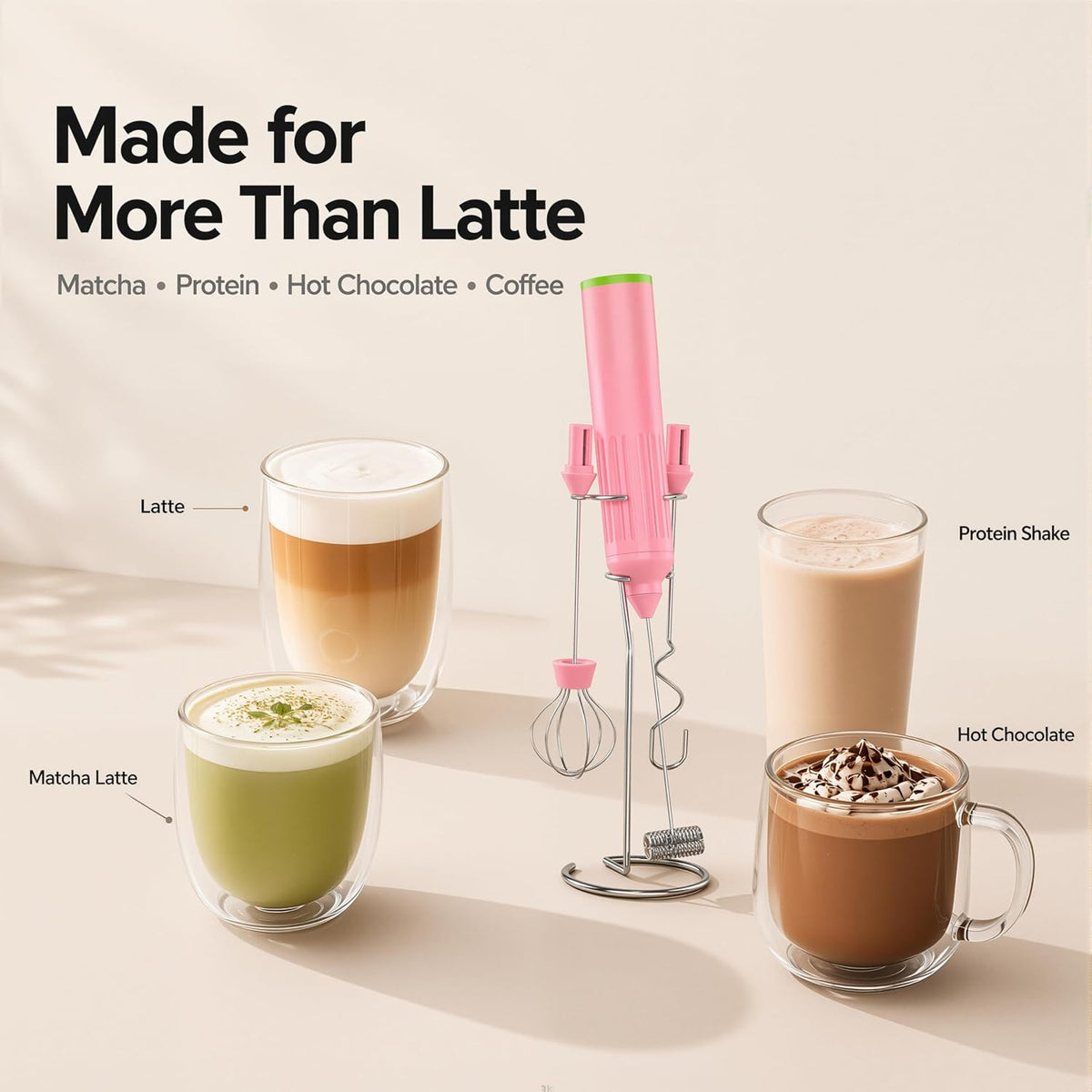 Milk Frother Handheld with 3 Stainless Steel Whisks, Rechargeable Electric Drink Mixer with Stand & Travel Case, Milk Foamer for Coffee, Latte, Cappuccino, Hot Chocolate, Egg,Jam Supplement-Pink