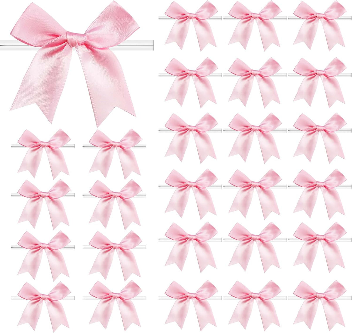 50 Pcs Twist Tie Bows Satin Ribbon Bow 3.3 Inch Gift Wrap Bow Craft Bows for Gift Wrapping, Party Decorations Gifts Bag DIY Treat Bags Light Pink