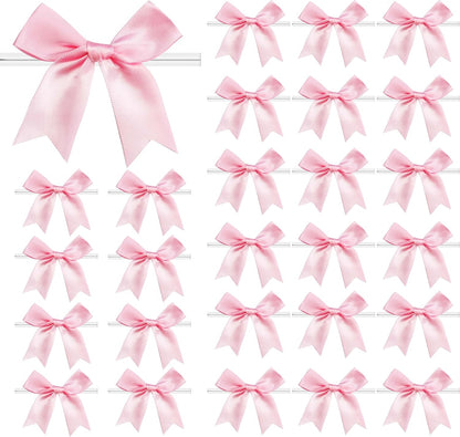 50 Pcs Twist Tie Bows Satin Ribbon Bow 3.3 Inch Gift Wrap Bow Craft Bows for Gift Wrapping, Party Decorations Gifts Bag DIY Treat Bags Light Pink