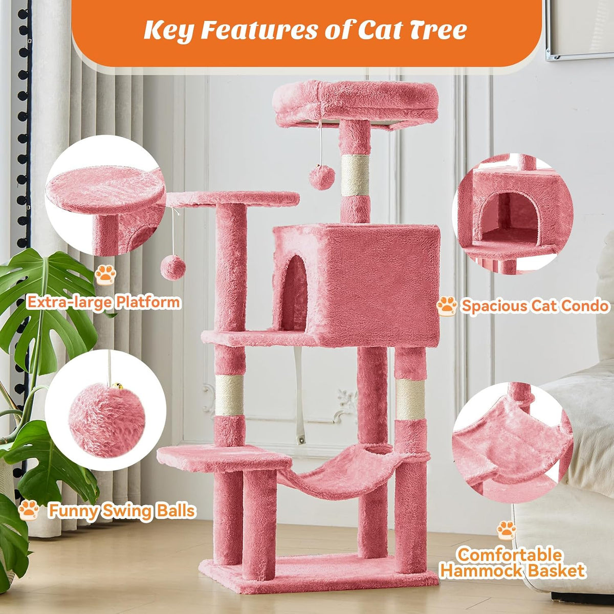 DUMOS 44 Inch Cat Tree Tower with Natural Sisal Scratching Posts