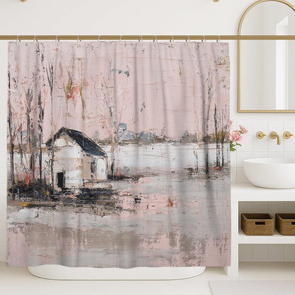 Artistic Shower Curtain, Peach Abstract Landscape Design Bathroom Decor, Modern Minimalistic Nature Scene Waterproof Fabric Shower Curtain with Hooks 72x72 Inch