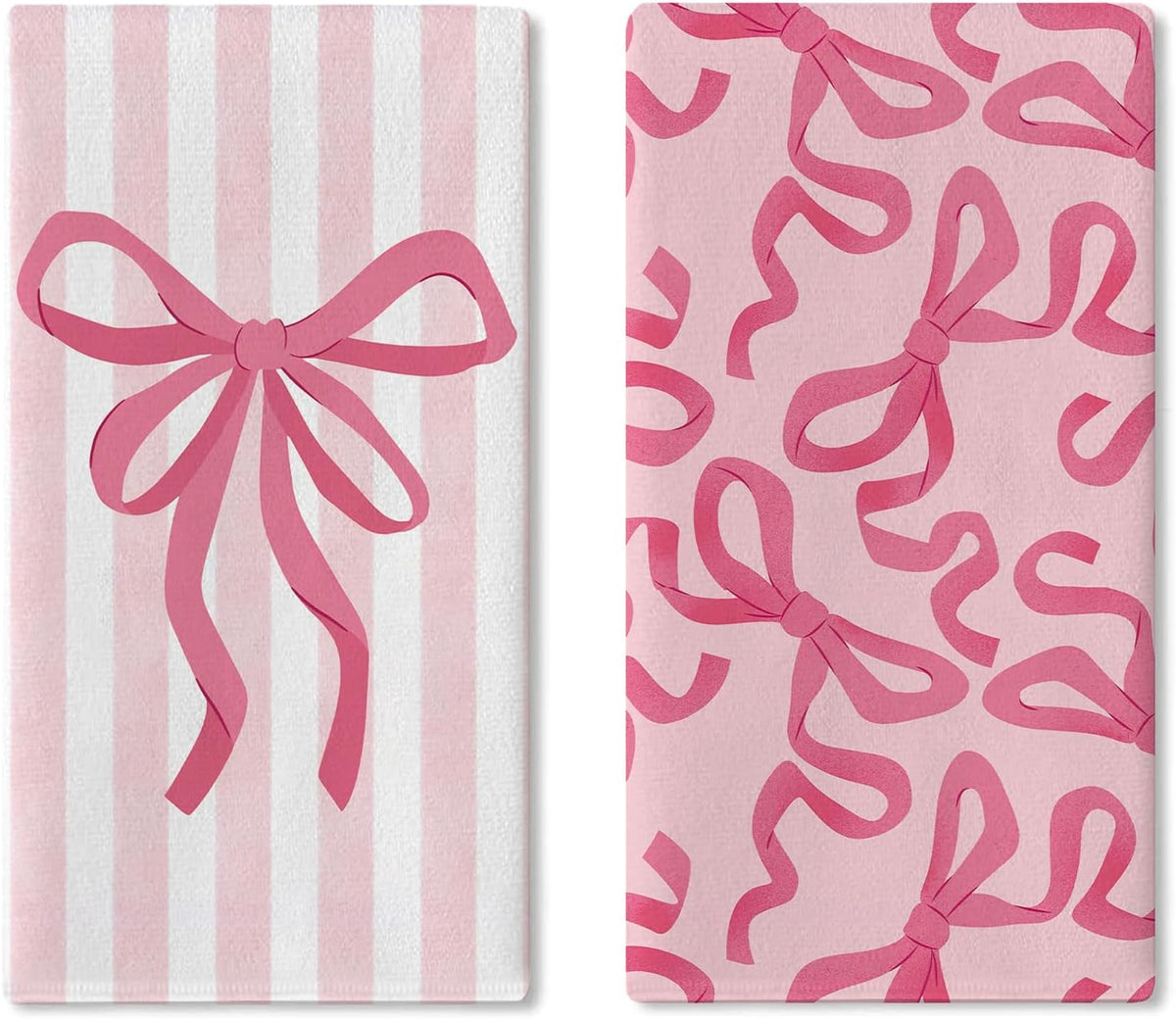 Pink Bow Kitchen Dish Towels Set of 2, Coquette Ribbon Stripes Preppy