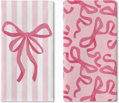 Pink Bow Kitchen Dish Towels Set of 2, Coquette Ribbon Stripes Preppy