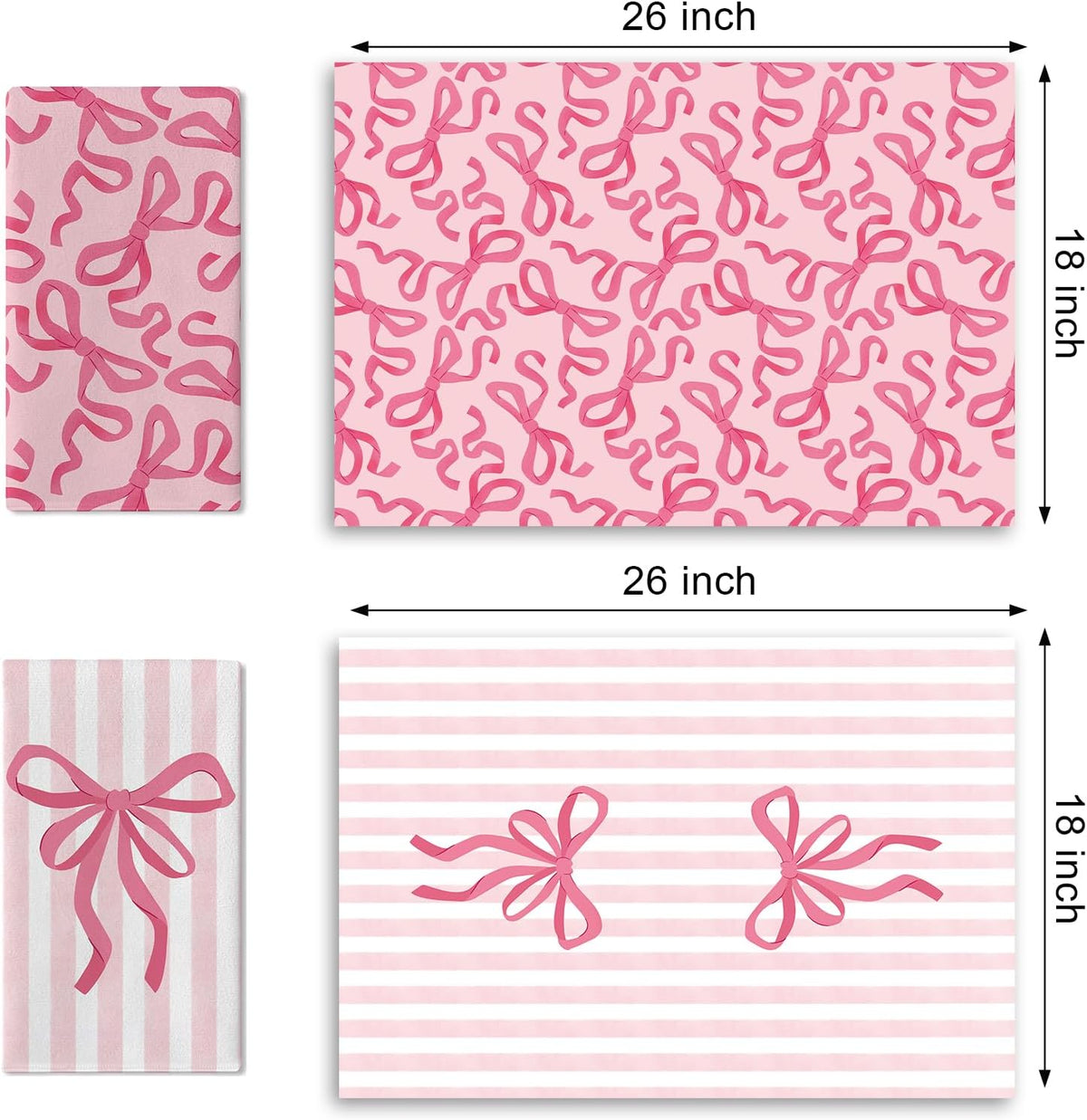 Pink Bow Kitchen Dish Towels Set of 2, Coquette Ribbon Stripes Preppy