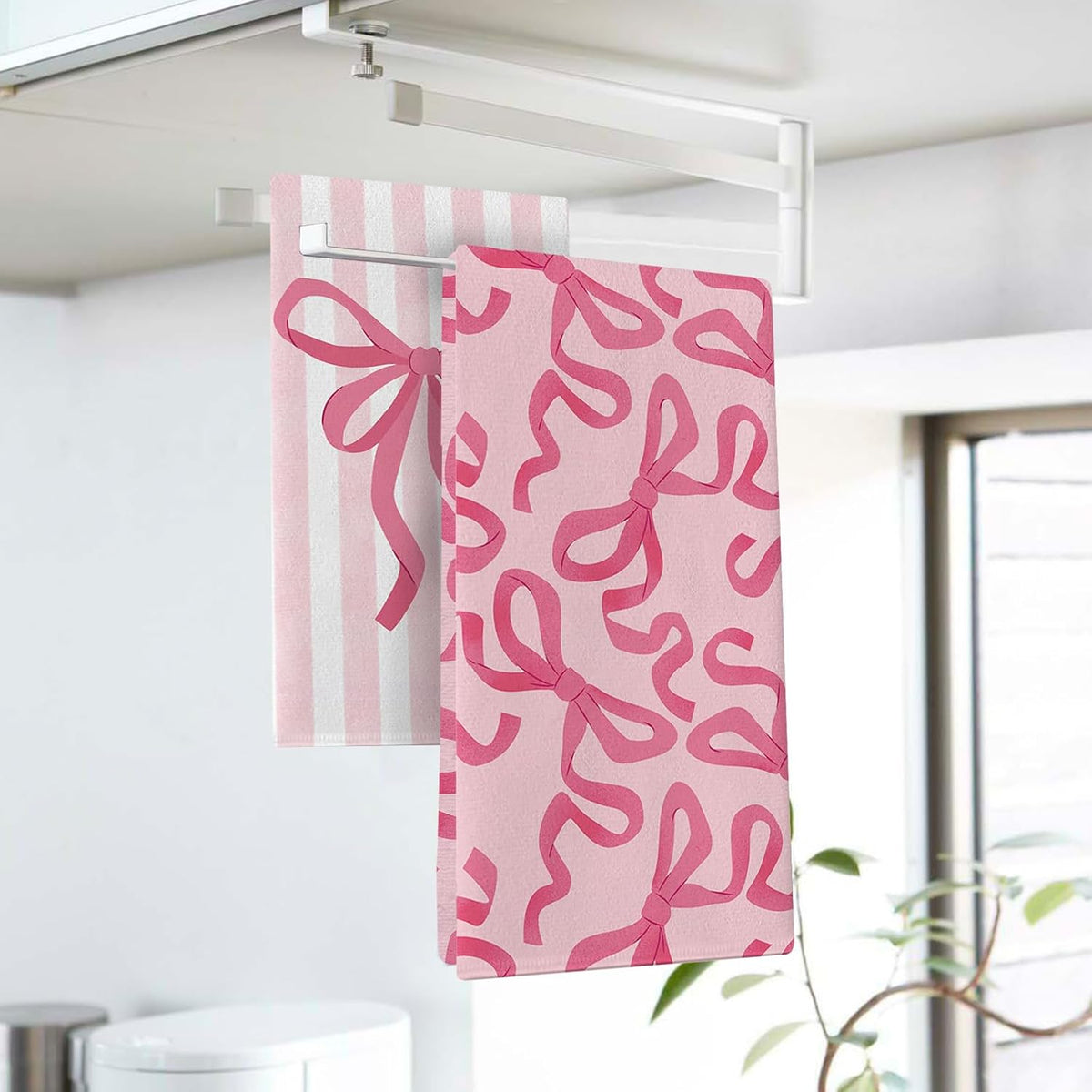 Pink Bow Kitchen Dish Towels Set of 2, Coquette Ribbon Stripes Preppy