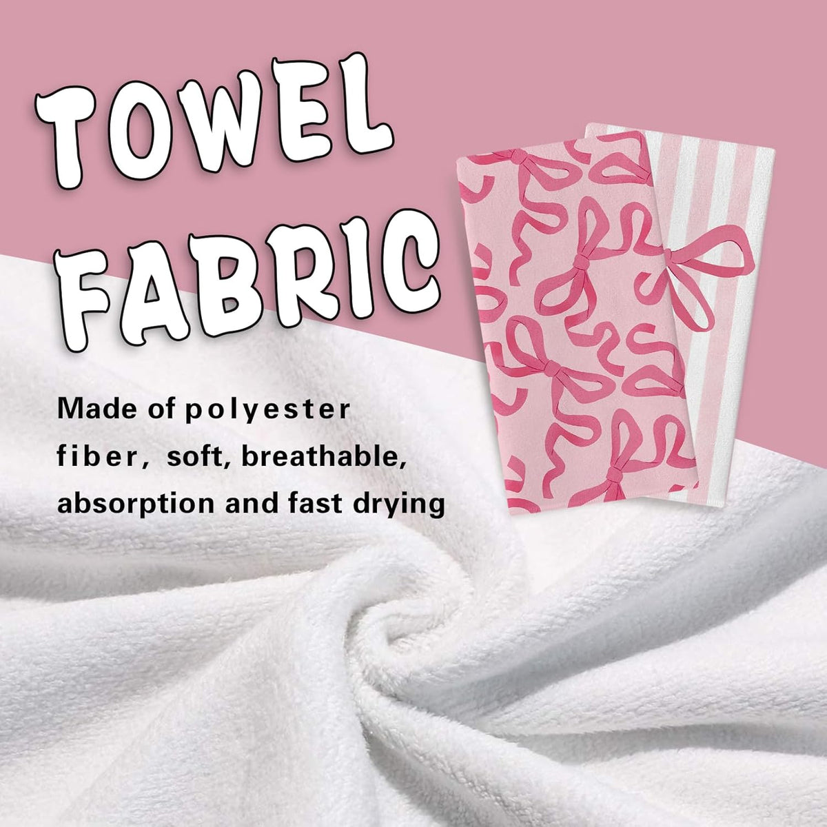 Pink Bow Kitchen Dish Towels Set of 2, Coquette Ribbon Stripes Preppy