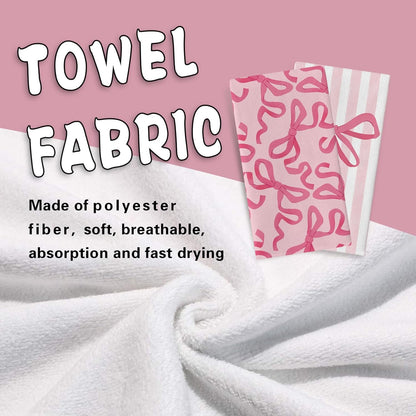 Pink Bow Kitchen Dish Towels Set of 2, Coquette Ribbon Stripes Preppy