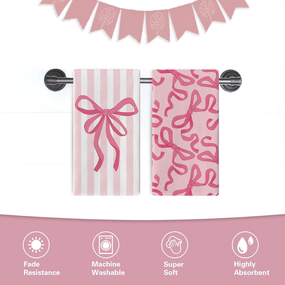 Pink Bow Kitchen Dish Towels Set of 2, Coquette Ribbon Stripes Preppy