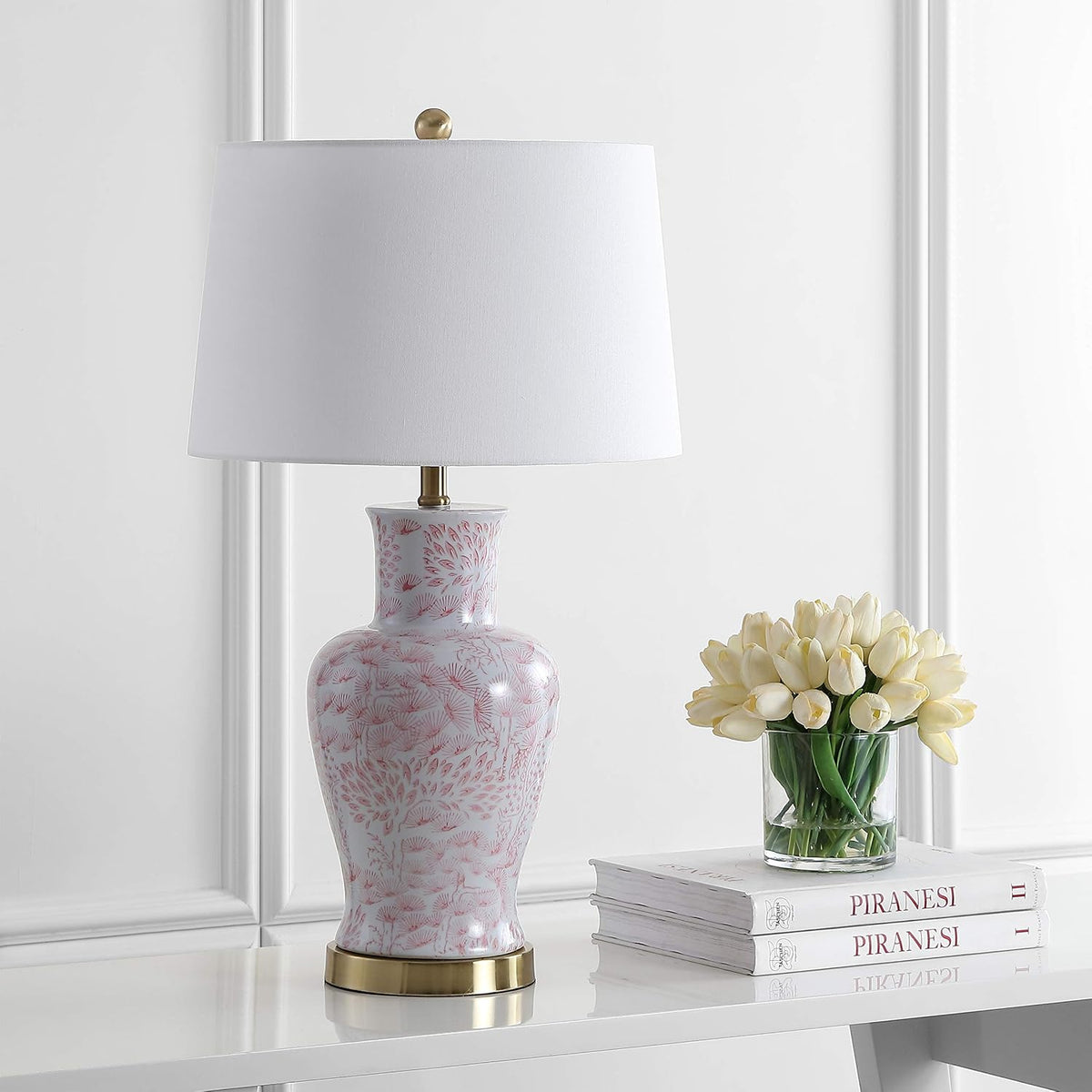 Lighting Collection – Calli Set of 2 Pink & White Chinoiserie Ceramic Table Lamps with Brass Gold Accents, 28-Inch Bedroom or Living Room Lamps, LED Bulbs Included (TBL4161A-SET2)