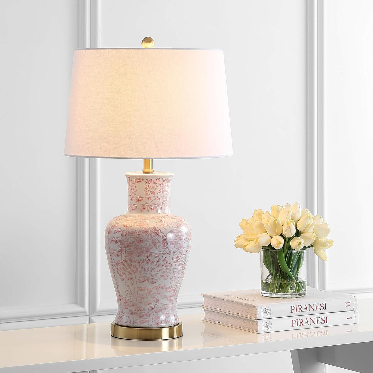 Lighting Collection – Calli Set of 2 Pink & White Chinoiserie Ceramic Table Lamps with Brass Gold Accents, 28-Inch Bedroom or Living Room Lamps, LED Bulbs Included (TBL4161A-SET2)