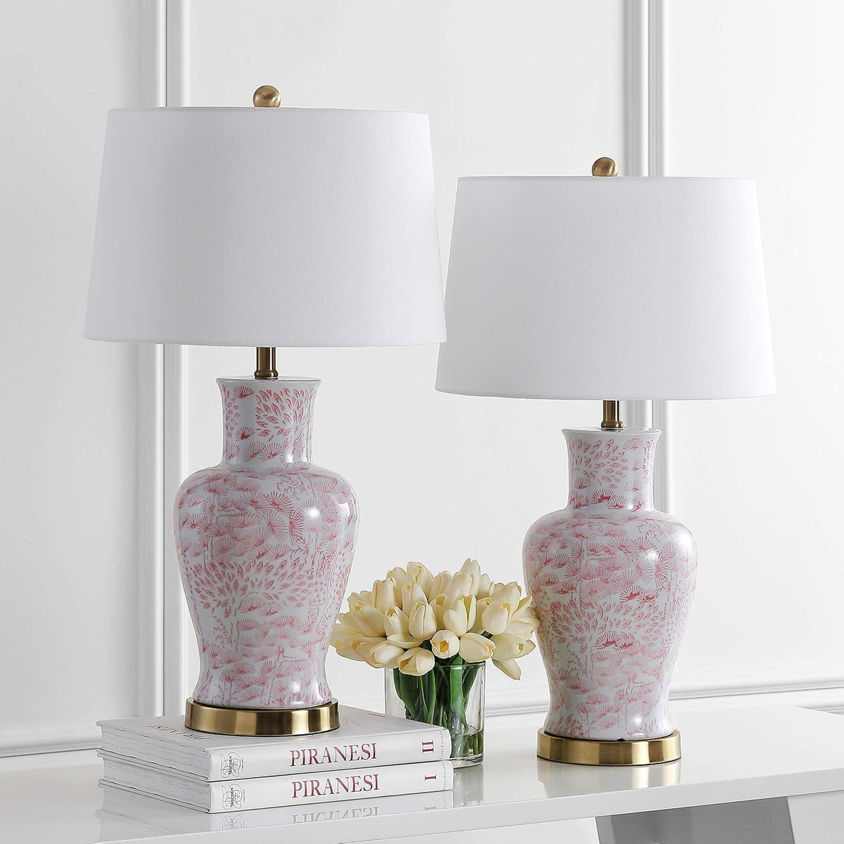 Lighting Collection – Calli Set of 2 Pink & White Chinoiserie Ceramic Table Lamps with Brass Gold Accents, 28-Inch Bedroom or Living Room Lamps, LED Bulbs Included (TBL4161A-SET2)