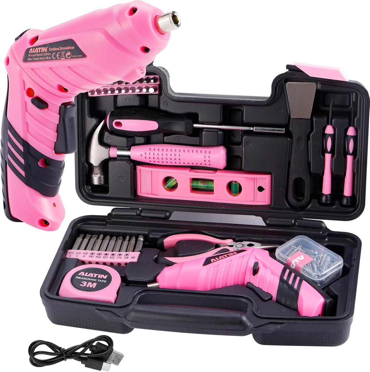 Pink Tool Set for Women, 136 PCS Household Tool Kit with 3.6V USB Electric Screwdriver, Cordless Lithium-ion Drill Driver, Home Improvement Hand Tools for DIY Projects