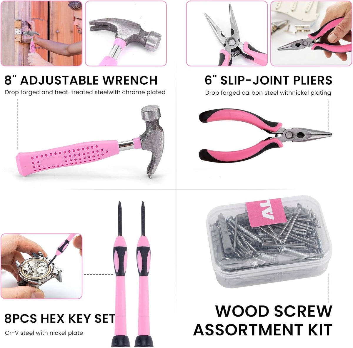 Pink Tool Set for Women, 136 PCS Household Tool Kit with 3.6V USB Electric Screwdriver, Cordless Lithium-ion Drill Driver, Home Improvement Hand Tools for DIY Projects
